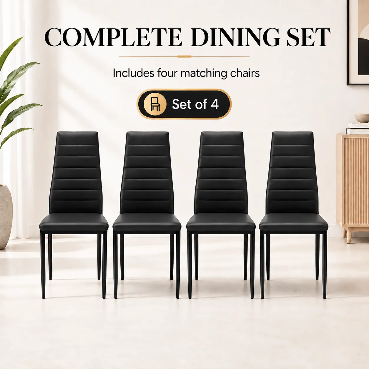 4-Piece Modern PU Leather Dining Chair Set with Diamond Stitching, Comfortable Durable Indoor Dining Room Furniture, Black