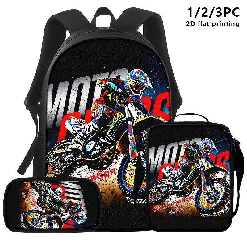 Motocross Rider 3-Piece Backpack Set for Kids & Teens, Durable 600D Oxford Cloth with Lunch Bag, Fits 15in Laptop, Adventure Ready for School & Race Day, Back To School Haul, 600D Fabric Backpacks, Biker Backpacks