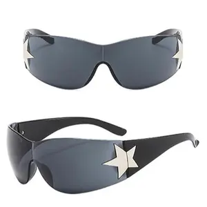 Rimless Y2K Sunglasses Star Wrap Around Glasses 2000S Accessories for Women Men Trendy Fashion Cool Shield Shades Polarized UV400 Protection
