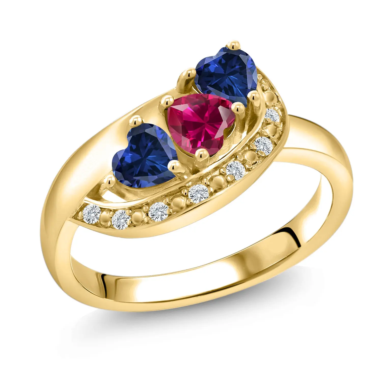 Gem Stone King Women's Gold-Silver Plated Heart Shaped Ring - 1.36 Cttw Heat Treated Created Gems (Red Ruby, Blue Sapphires, White Sapphires, 4MM Heart, July Birthstone) - Ideal for Birthday, Graduation, Anniversary, Thank You Gifts