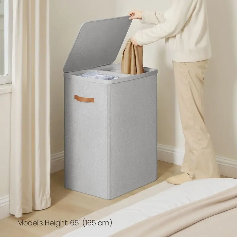 Rectangular Laundry Basket - 44.9 Gal, 2 Compartments, Easy Install, Lid, Handles, Removable Inner Bags, Home Laundry Tool Accessory, Assembly