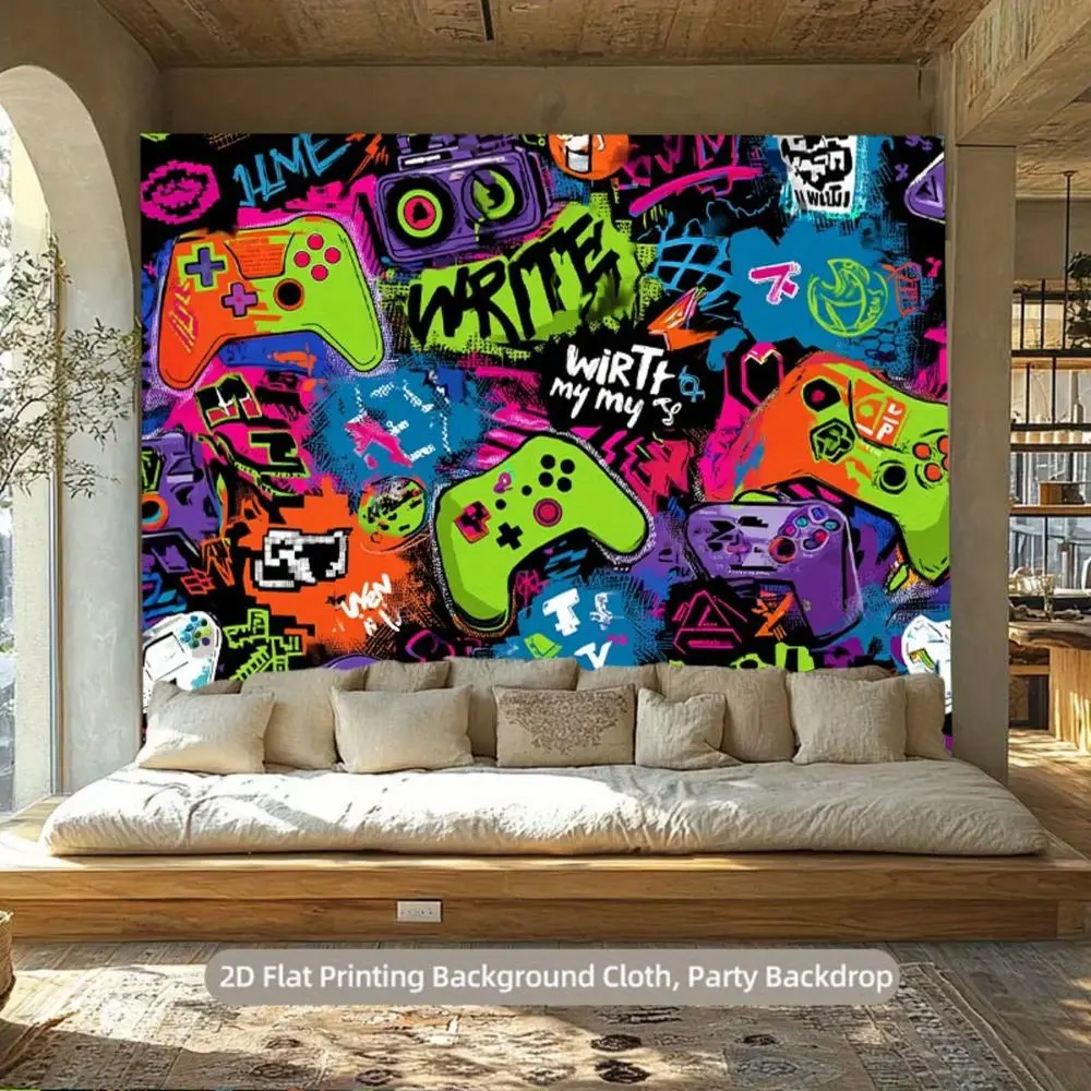 Super Large Seamless Graffiti Print Wall Hanging Backdrop - Vibrant Gaming Theme with Controllers, Text, Durable Polyester Banner, Party Decoration Supplies for Happy Birthday, Indoor/Outdoors, Seamless Wall Look Fills Party Spaces