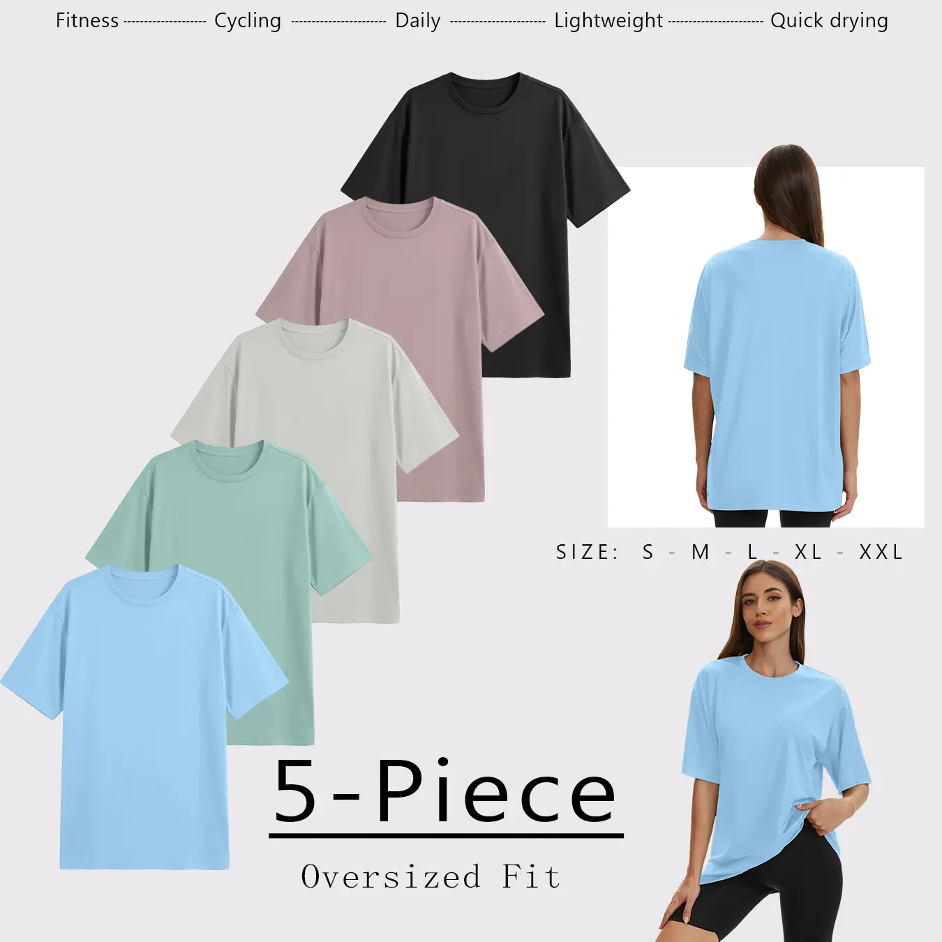 Noeallyrisss 5 pack Oversized T-shirt Set For Women's Summer Leisure And Comfortable Sports Short Sleeved T-shirt, Basic T-shirt For Fitness, Running, Outdoor Sports