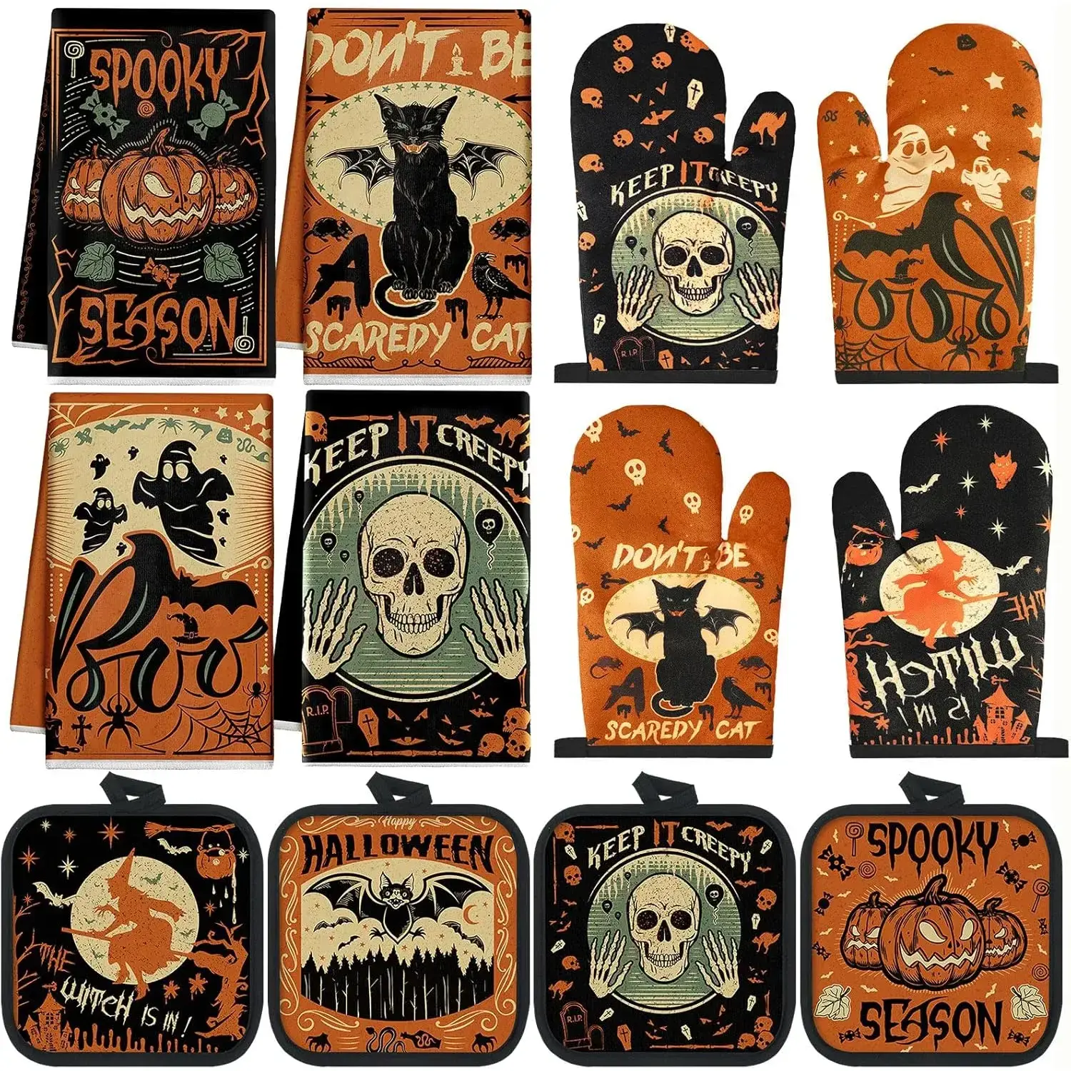 12 Pcs Halloween Kitchen Towels Pot Holders and Oven Mitts Set 4 Ghost Dish Towels 4 Gothic Witchy Oven Mitts 4 Spooky Pumpkin Pot Holders for Halloween Home Cooking Dish Baking Decorative Kitchenware Bakeware