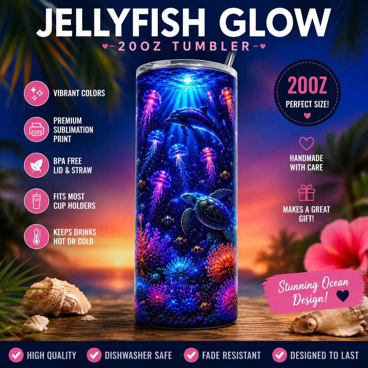 Jellyfish Glow 20oz Stainless Steel Tumbler | Glow Ocean Dolphin Tumbler | Insulated Skinny Tumbler with Lid & Straw life