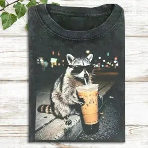 Women's Round Neck Short-Sleeve Cotton Digital Print Raccoon Iced Coffee Graphic Tshirt - Streetwear Breathable Fit Top, Made in USA, 3XL, Casual Everyday Outfit, Valentine's Day Cute Wildlife Gift for Coffee Lovers