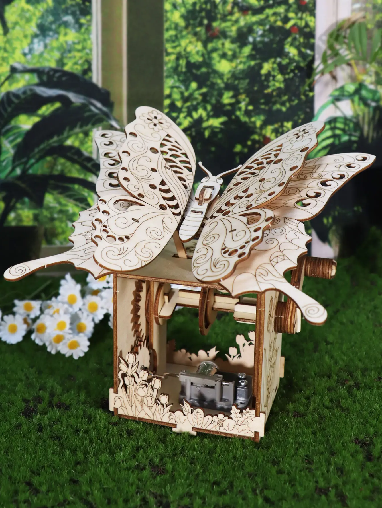 3D Handcrafted Wooden Butterfly Music Box Puzzle Kit - Screen-Free Boredom Buster for Puzzle Lovers, Hand-Assembled Model, Beige Holiday/Christmas Gift