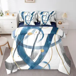 Feelyou 7-Piece Blue Abstract Geometric Comforter Set - Comforter Set King Option Included, Breathable High-Tenacity Cloth Bedding, Minimalist Cool Gold-Grey Line Design, Multi-Size Choices, Stylish Teen Room Decor