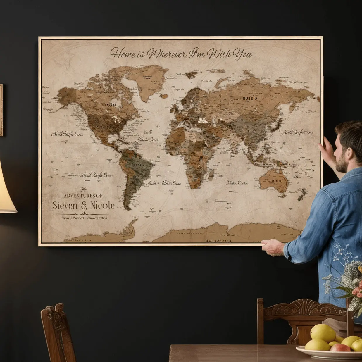 Personalized Push Pin World Map Canvas – Custom Framed