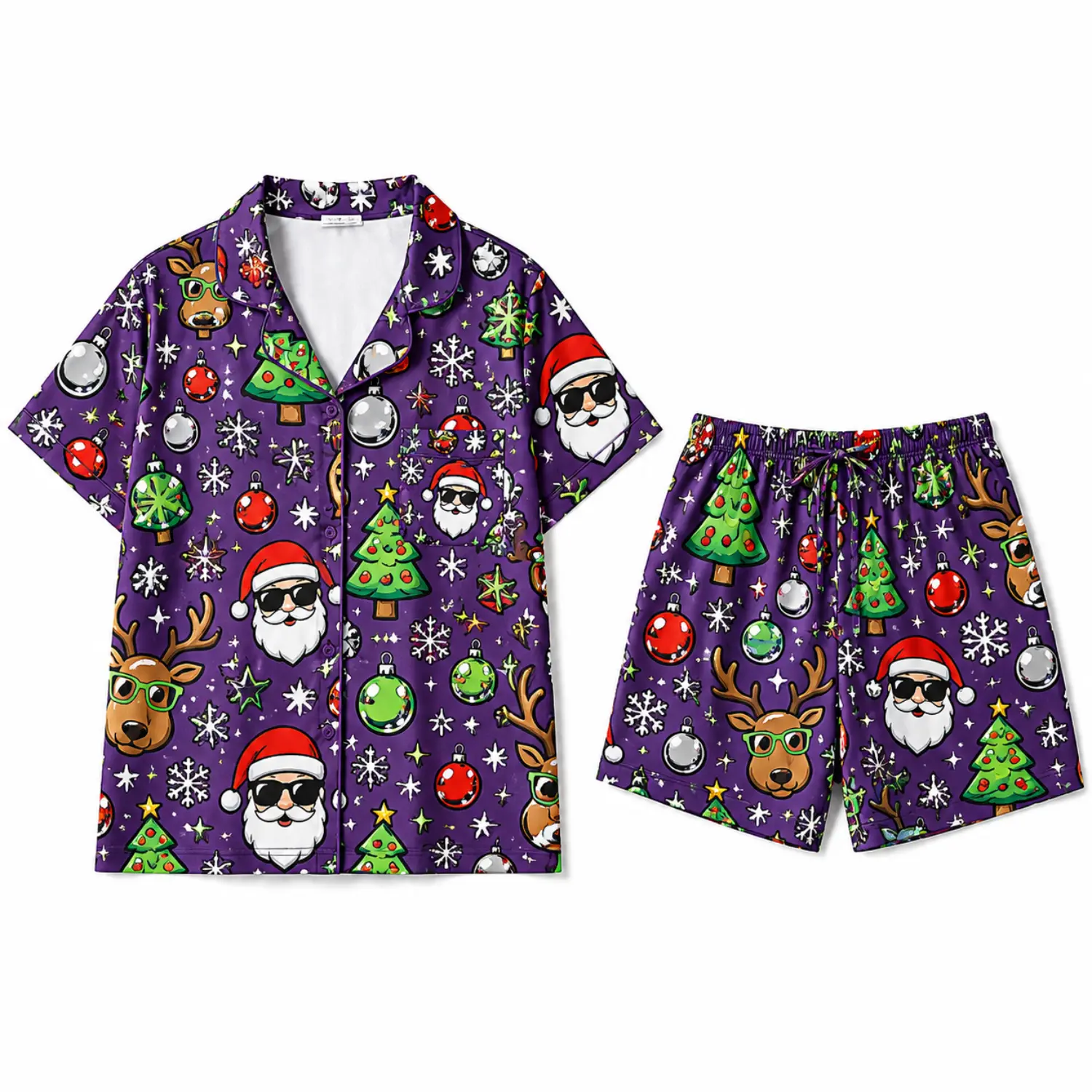 Purple Christmas Print Short Sleeve Pajama Set with Button Front Shirt and Elastic Waist Shorts for Holiday Sleepwear