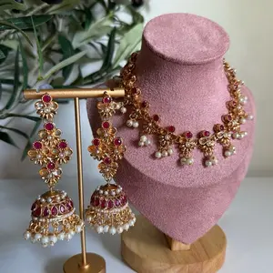 Kundan maroon Earrings and necklace