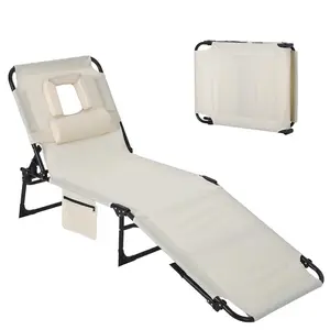 Tanning Chair with Face Hole Folding Beach Lounge Chair,5-Position Adjustable Backrest, Pillow & Side Pocket,Portable Face Down Chaise Lounge for Outdoor Backyard Poolside,Beach, Patio,Beige