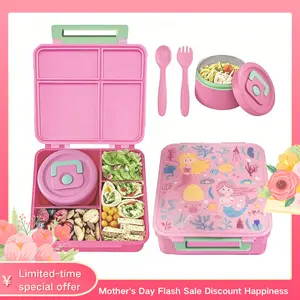 Kids Bento Lunch Box Set With 8oz Soup Thermo, Leakproof Lunch Containers with 5 Compartment, Thermo Hot Food Jar and Insulated Lunch Bag, BPA Free,Travel, School -Blue and Pink Portable Stainless Steel Electric Lunch Box