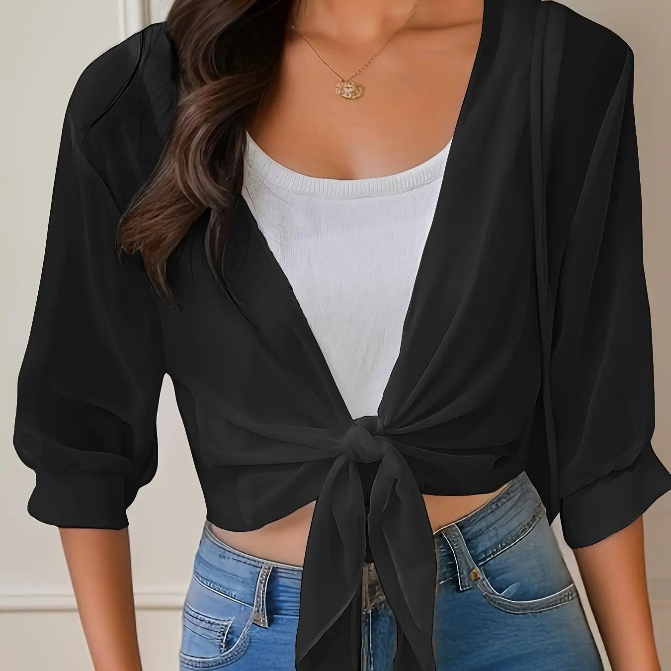 Elegant Front Tie Chiffon Shrug for Women, V Neck 3/4 Sleeve Sheer Cropped Bolero Shawl, Lightweight Solid Color Wedding Cover Up