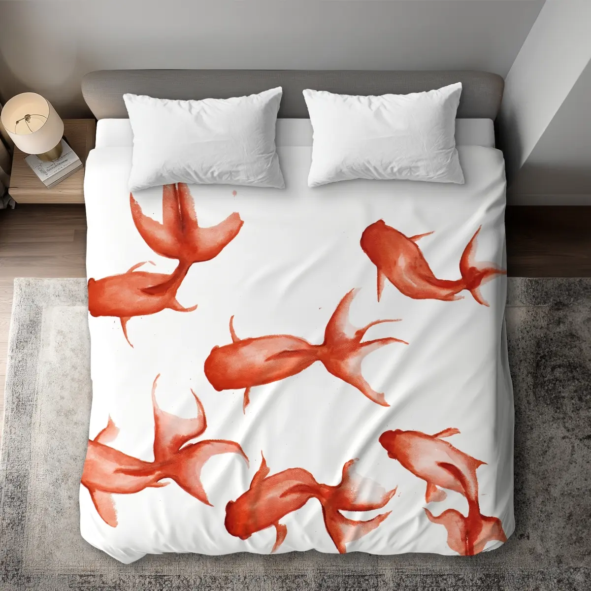 360 stand King Size Decorative Duvet Cover - Small Red Fishes Aquatic Art, Scandinavian Coastal Vibe Design, Breathable Microfiber Fabric, Washable Covers for Red Bedroom Decor, Color-Accented Duvet Covers