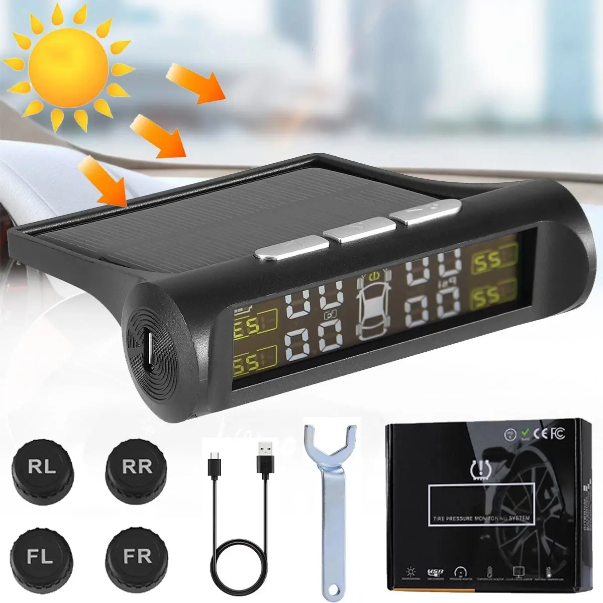 Tire Pressure Monitoring System TPMS, Solar Power Universal Wireless Car Alarm System with 4 External Sensors, LCD Real-time Display 4 Tires Pressure  Ensure Safe Driving outdoorfun
