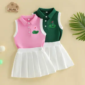 Toddler Baby girl Golf Outfit Sleeveless Collared Golfing Theme Embroidery Tank Top Pleated Skirts Set Summer Clothes