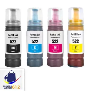 Printer World 612 4x Ink Refill Bottles for Epson Compatible 522 T522 Ecotank ET-2400 4800 2800 2803 2720 4700 Dye Based Black Cyan Magenta Yellow