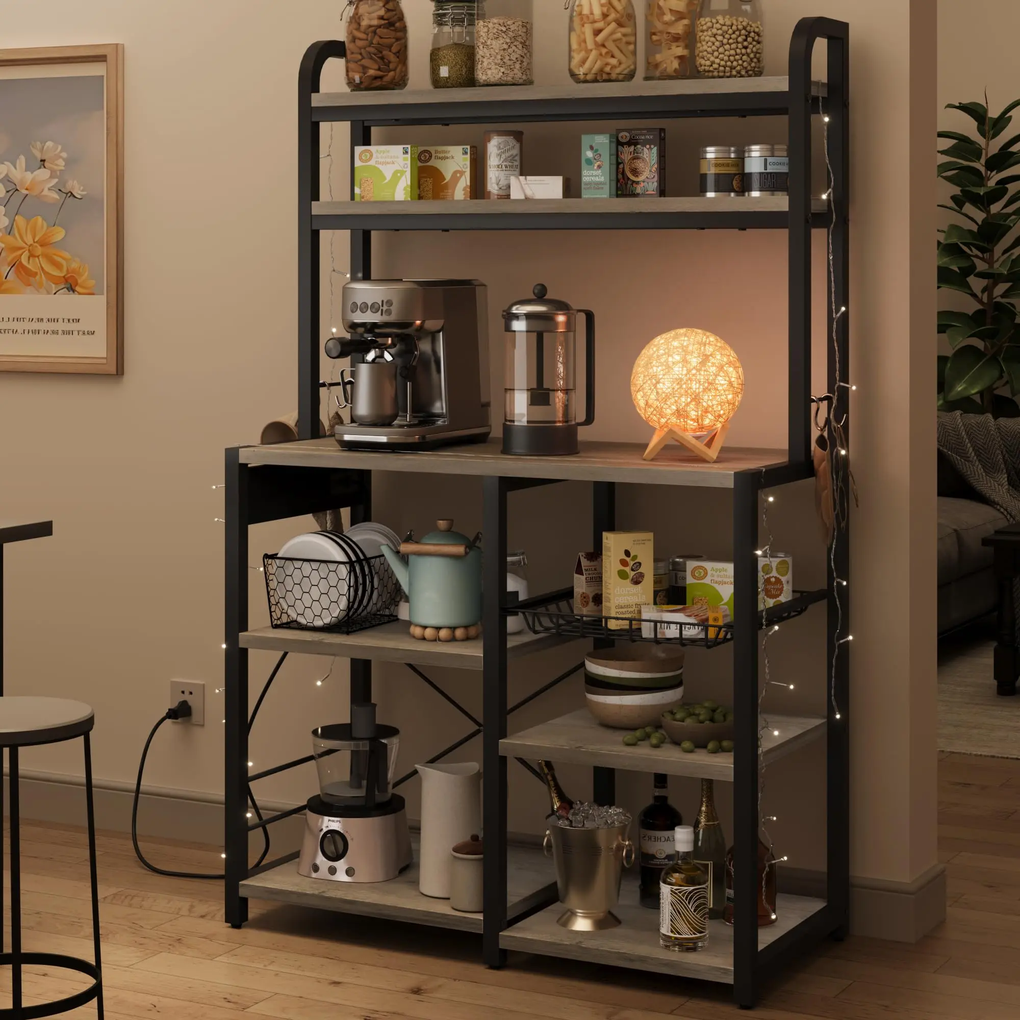 【GARVEE】Industrial Kitchen Bakers Rack with Power Outlet - 6-Tier Space-Saving Microwave Stand, Coffee Bar Station & Storage Shelves with Basket for Dining/Living Room
