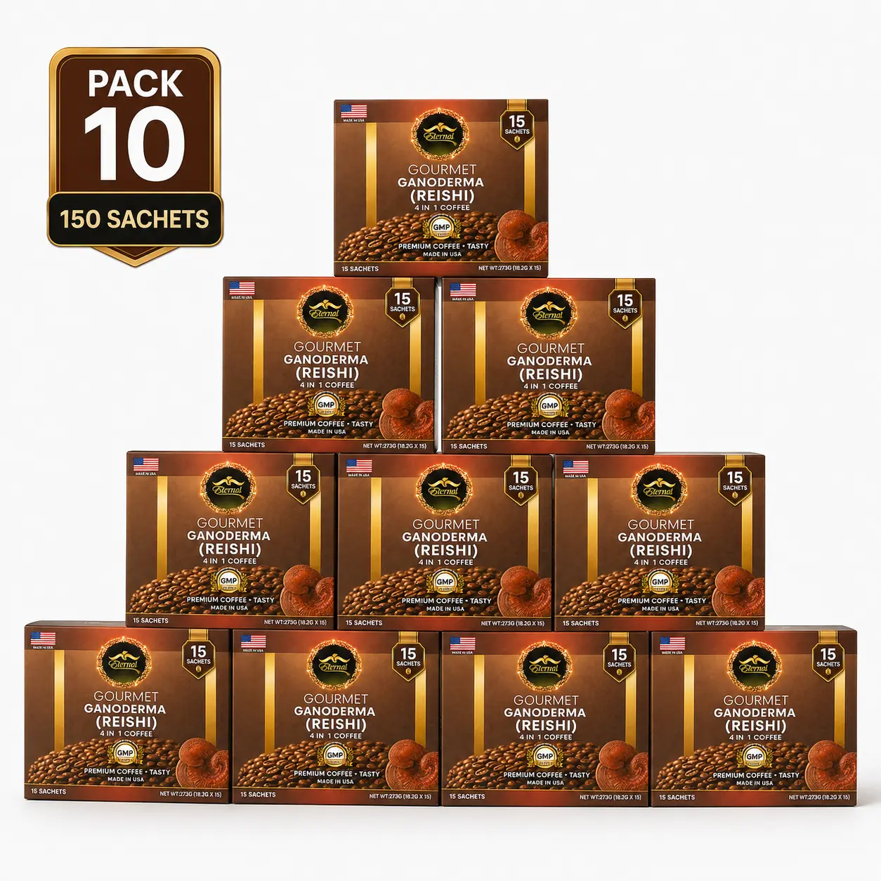 Eternal Spirit Beauty - Asian Latte Coffee Ganoderma Singles, 15 Packets (0.64 oz) – Instant Coffee Mix with Reishi Mushroom, Creamy Light Roast, Travel-Friendly Sachets, 10 Pack (150 Sachets)