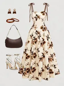 Women's Floral Print A-Line Skirt, Tie-Bow Thin Straps, Elegant for Vacation and Daily Wear, Stylish and Comfortable Dress