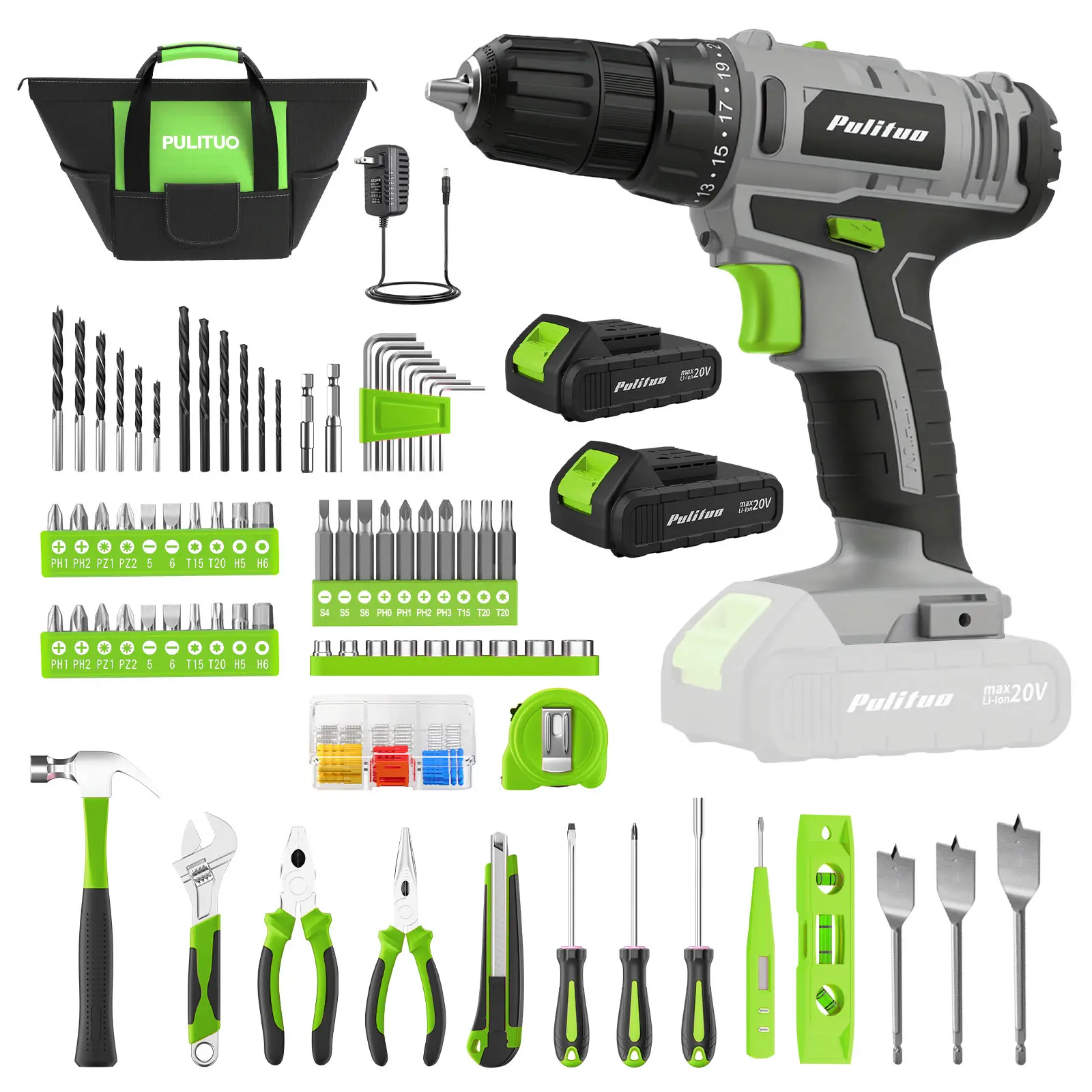 PULITUO 20V Cordless Dual Battery Drill-Driver Kit, 30Nm High Torque Handheld Rotary Drill with 2-Speed Settings, Keyless 3/8" Chuck, LED Lights, 1.5Ah Batteries, Durable Pliers for DIY Projects, Father's Day Gifts