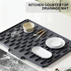 Extra Large Silicone Dish Drying Mat Food-Grade Silicone Built-in Drain Sloped Design Heat-Resistant Non-Slip Kitchen Counter Mat Waterproof Placemat Kitchenware Tableware