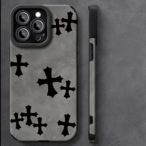Chrome Hearts "King of Kings" Soft Back Case - Gray with Black Cross Pattern, Lightweight Design, Compatible with iPhone Models