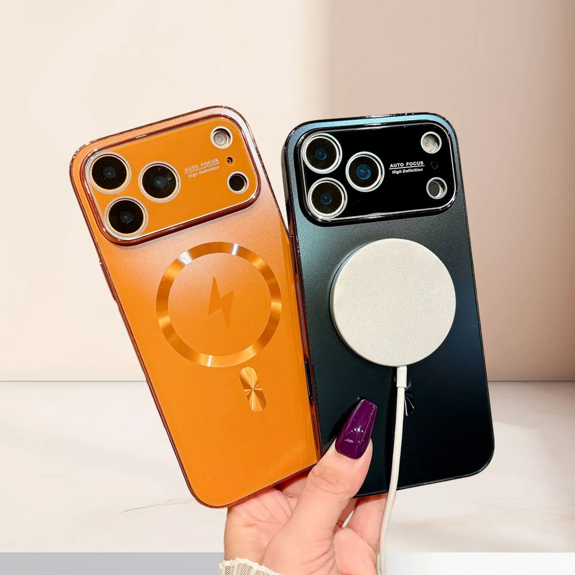High-quality Flash Magnetic Suction Large Window IP17promax Electroplated Anti-drop Lens Protection Phone Case IP16/15pro Protective Cover Shockproof Casing Wireless Orange phone cases Style And Functionality Cellphone