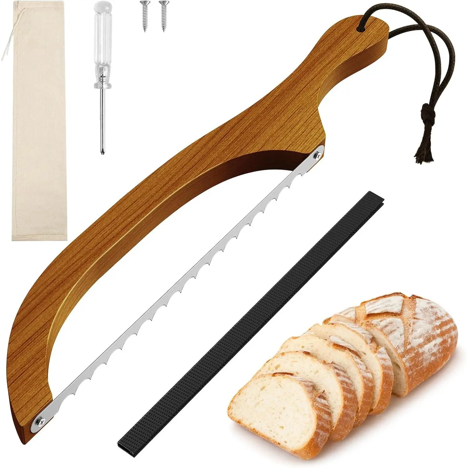 Suitable for Homemade Baked Bread Bread Knife - 16inch Walnut Wood Bow-Shaped Bread Knife, Equipped with Ultra-Sharp Serrated Stainless Steel Blade, Suitable for Yeast Bread, Bagels, French Bread, and Country Style Bread - Walnut Wood Color