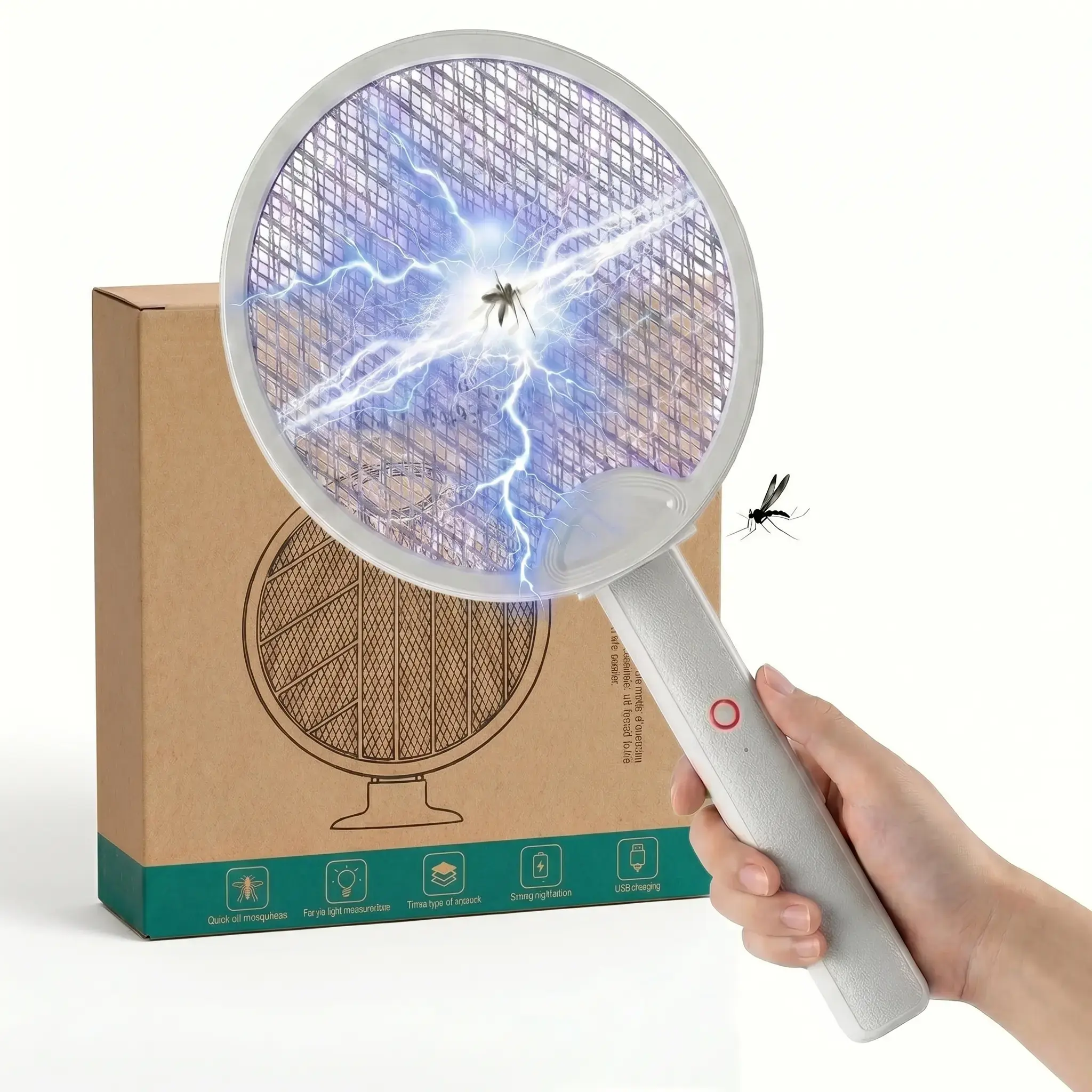 Handheld Foldable Electric Swatter Racket with 3000V Grid, USB Rechargeable Bug Zapper, Purple Light Attractant, 1200mAh Insulated Mesh, Folds Flat - Kills Mosquitoes, Gnats, Wasps, Fruit Flies for Indoor Home, Backyard