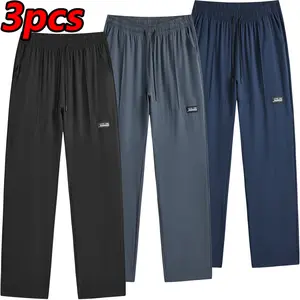 3-pack men’s solid-color straight-leg pants, summer quick-dry elastic waistband drawstring casual long pants, everyday & sports loose fit with pockets drawstring long pants