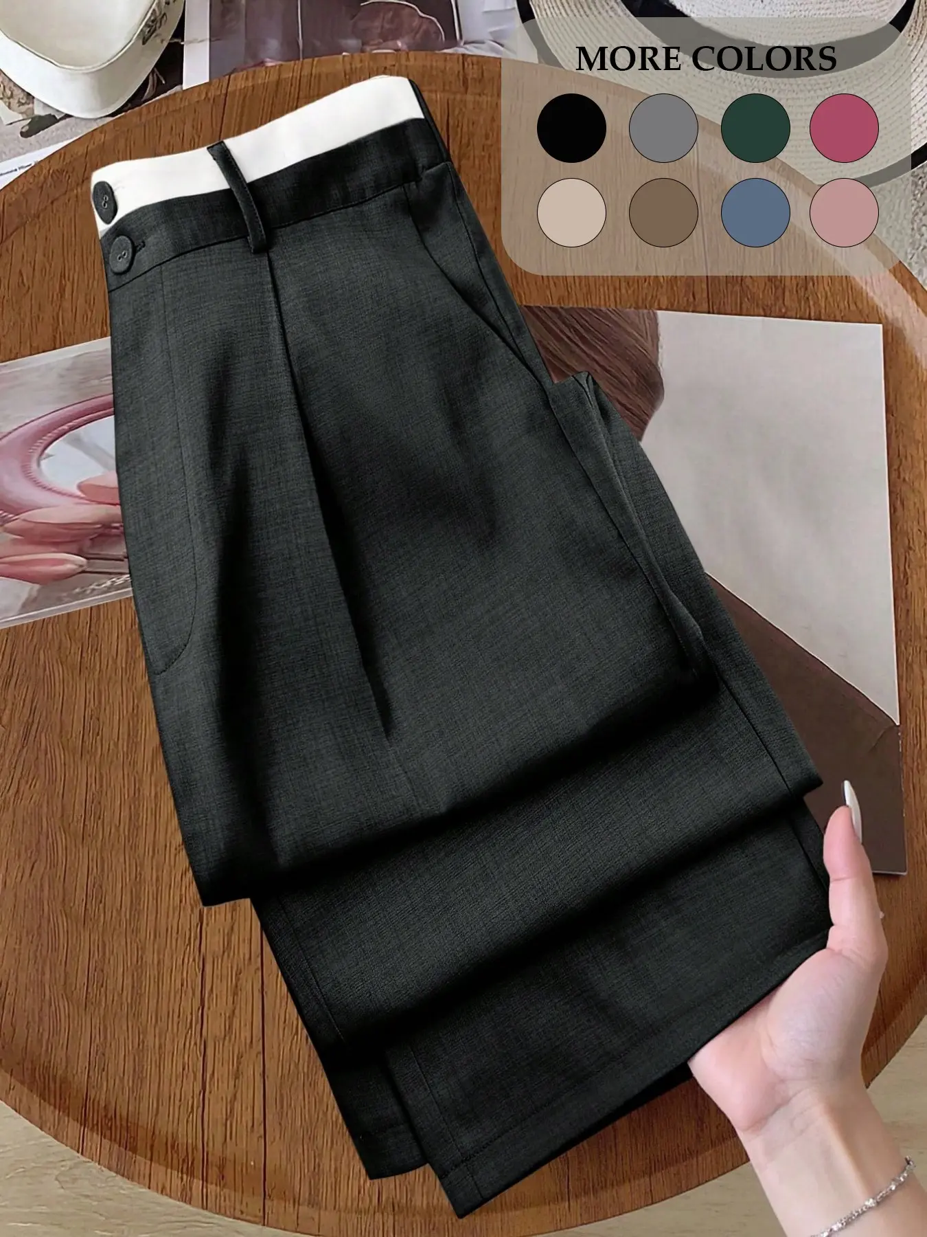 Women's Petite Contrast Waist Casual Fit Waist Trousers High Waisted Straight Leg Pants Pleated Dress Pants Elegant Office Workwear Corporate Core Old Money Aesthetic Trendy Casual Trendy Versatile Bottom