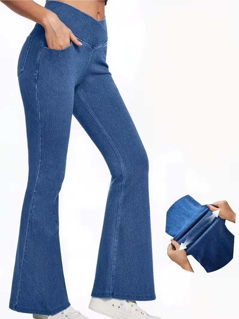 Flared Jeans for Women, High Cross V-Waist Stretch Denim Pants with a Butt Lifting Slimming Fit, Sporty Chic Outdoor Style,travel essentials,camping essentials, Bottom tiktokshopbacktoschool