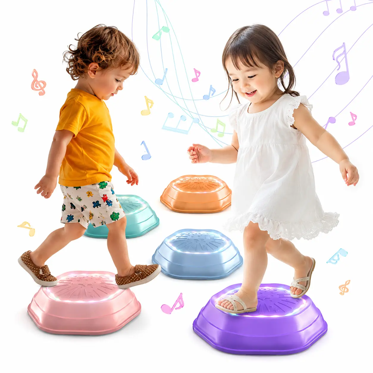 Non-Slip Music & Light Up 5 Pcs Stepping Stones,  Encourage Balance, Sensory Stepping Stones, Indoor & Outdoor Play Gift Colorful Fun Soft Design Musical