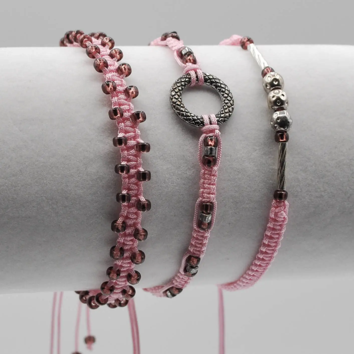 Pink Macrame Stacking Bracelet Set with Cranberry Seed Beads