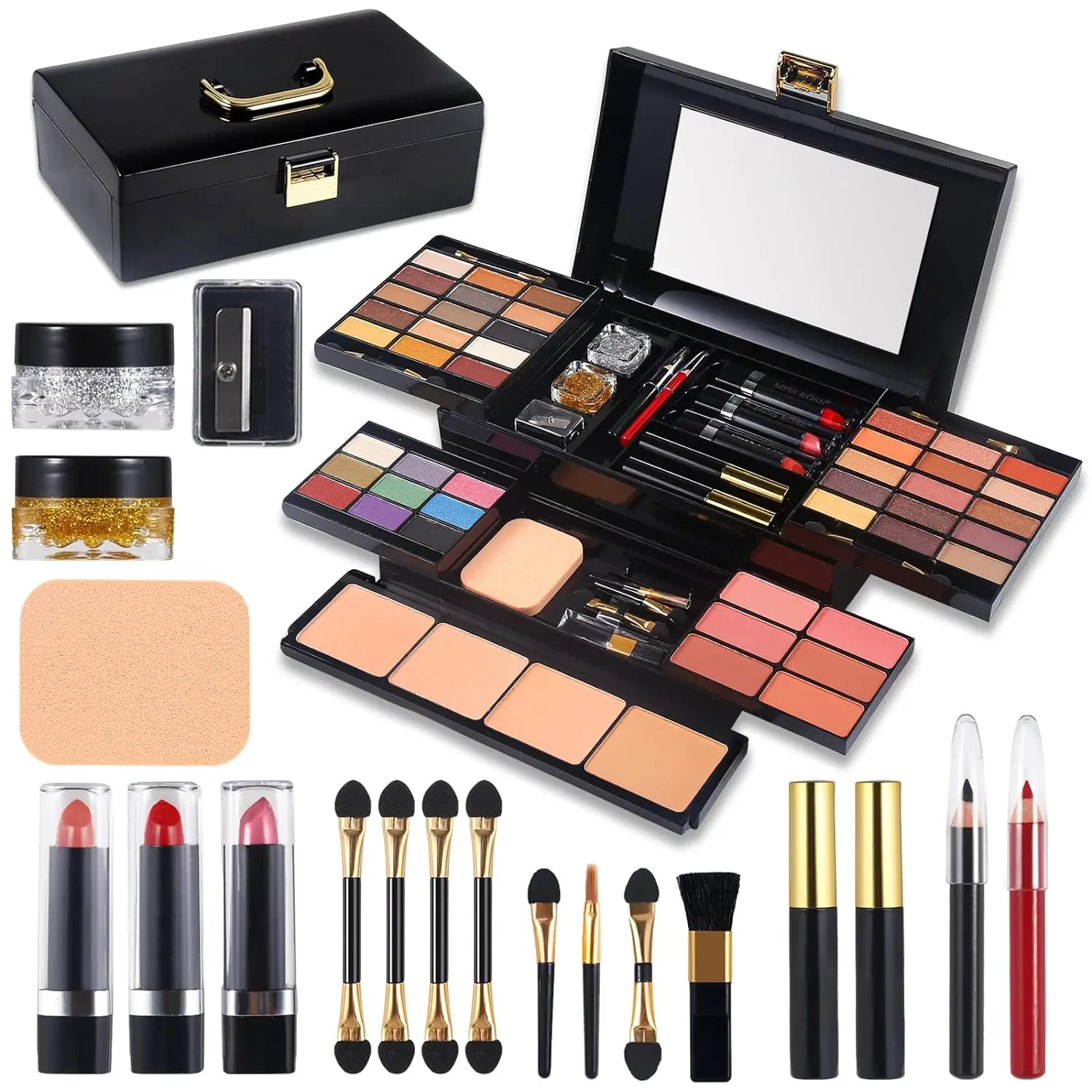 Professional Makeup Kit for Women Full Kit with Mirror 58 in One Make up Gift Set for Girls Included Eyeshadow,Compact Powder,Blusher,Lipstick,Eyebrow Pencil,Gitter Gel,Eyeliner,Mascara Sharpener makeup  bundle  box Matte Shimmer