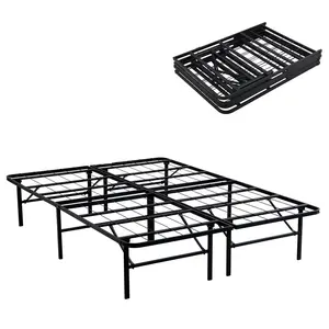 Foldable Bed Frame Queen/King Size, Metal Platform Bed Frame Mattress Foundation Box Spring Replacement Heavy Duty Steel Slat Classic Metal for Home, Office, 14 Inch High, Black, Queen/King