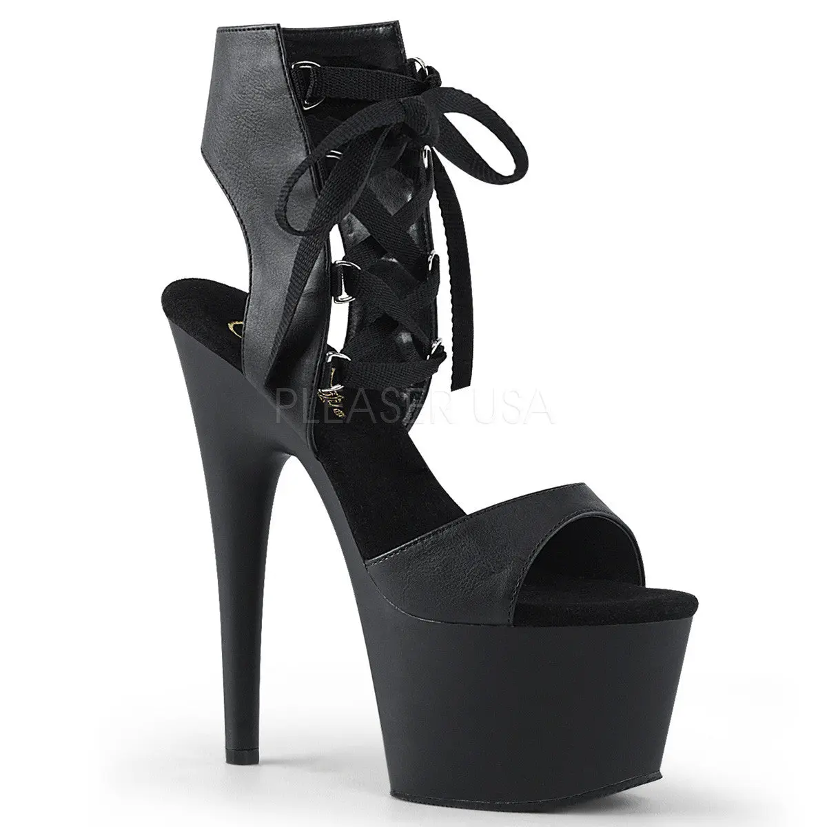 Women's Black Lace-Up Platform Heels, Sexy Faux Leather Stiletto Sandals with a 7-Inch High Heel, Statement Shoes for Performers, High Heels, Heels For Women