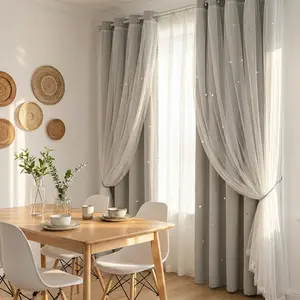French Romantic Two-Layer Hollow Star Light Blocking Curtain, Fashion Trendy Hole Drapery for Living Room, 1pc Finished Window Covering, Privacy Grommet Curtains