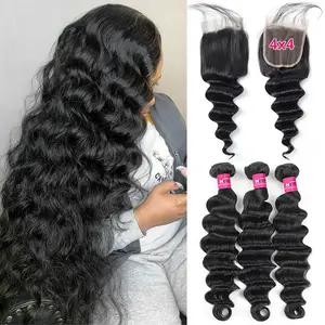 Loose Deep Wave Bundles With Closure 4x4 Inch Human Hair Bundles With Closure 3PCS Bundles With Closure