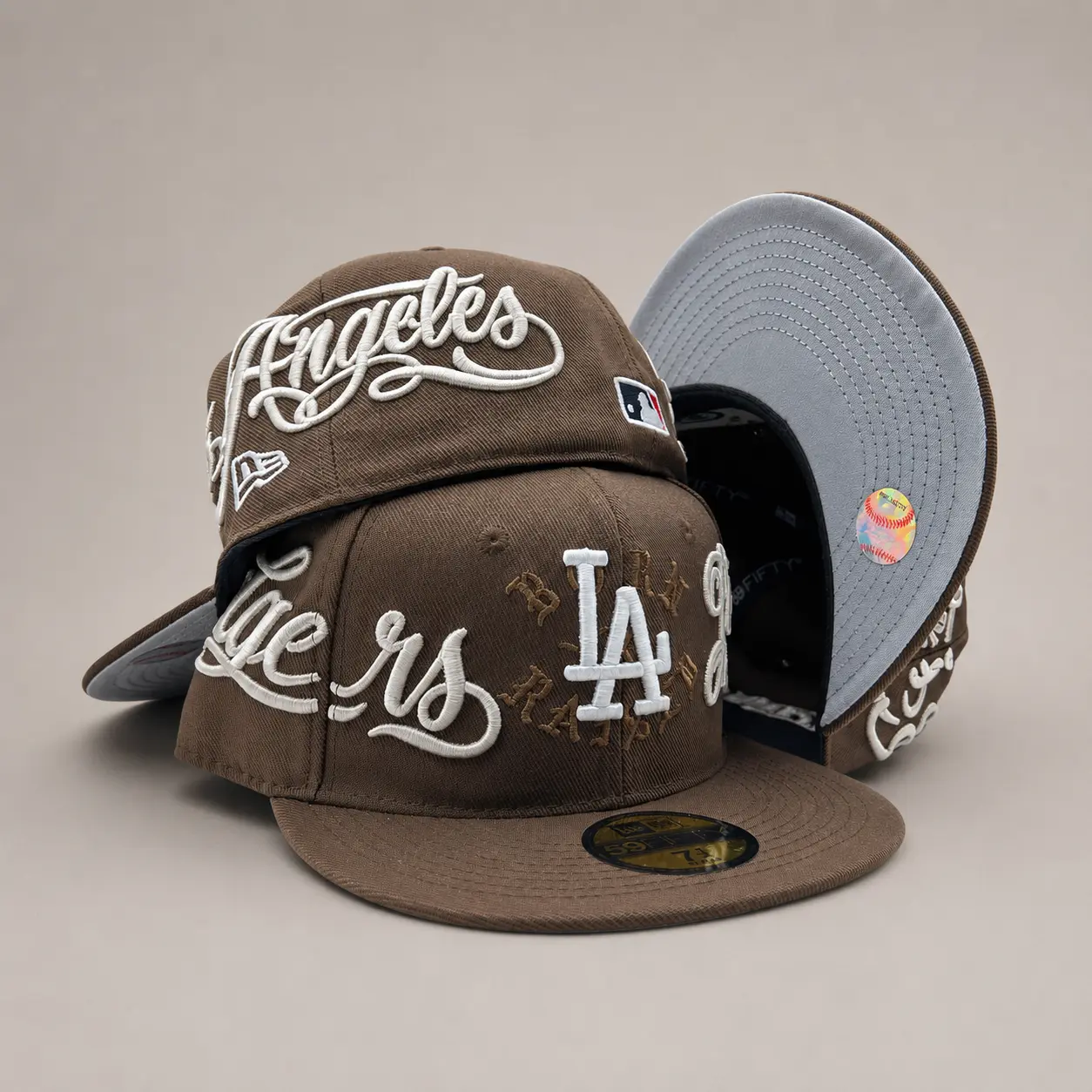 New Era Los Angeles LA 59FIFTY Fitted Cap Brown White Script Embroidered MLB Baseball Hat Flat Brim Unisex