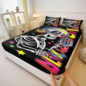 Graffiti Style Skull Style Printed Bedspread 3 Piece Set with 2 Coreless Pillowcases, Wrapped, Highly Saturated Rainbow Color Graffiti Lines, Soft and Comfortable for All Seasons