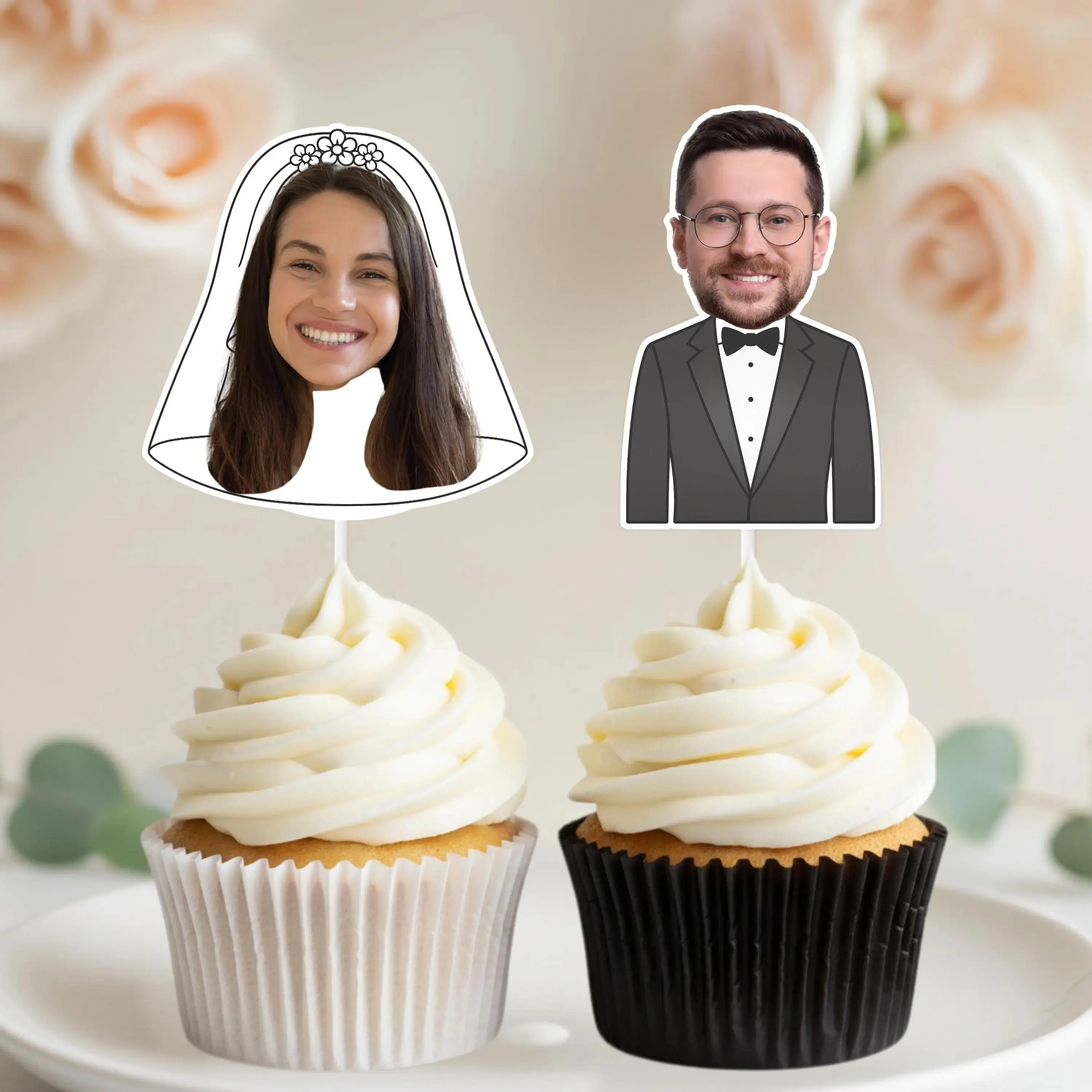 Bride and Groom Photo Cupcake Toppers – Wedding and Bridal Shower Decor