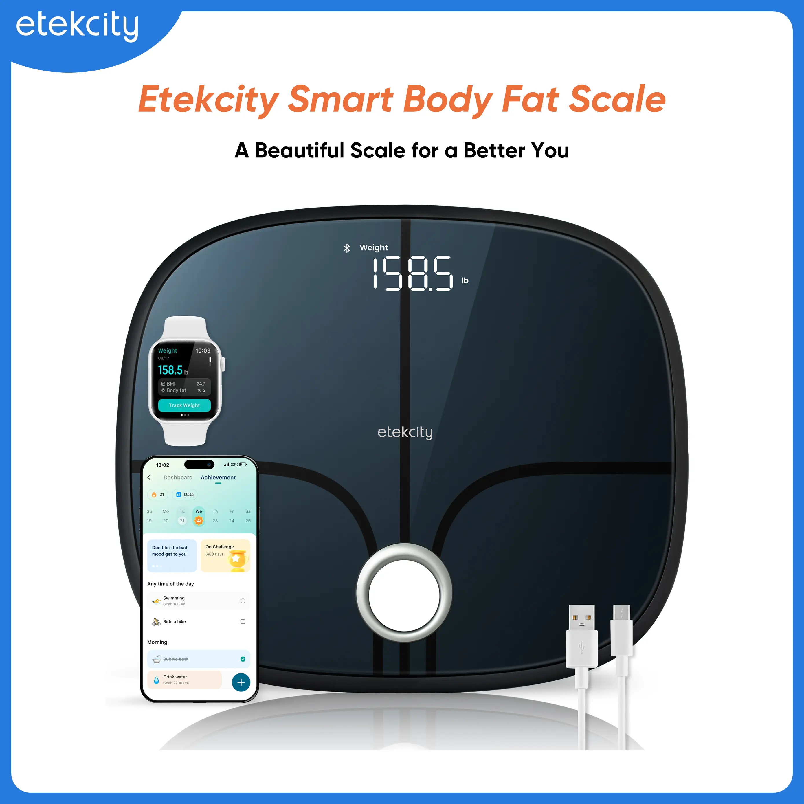 Etekcity Smart Scale, Digital Rechargeable Bathroom Weighing Monitor ...