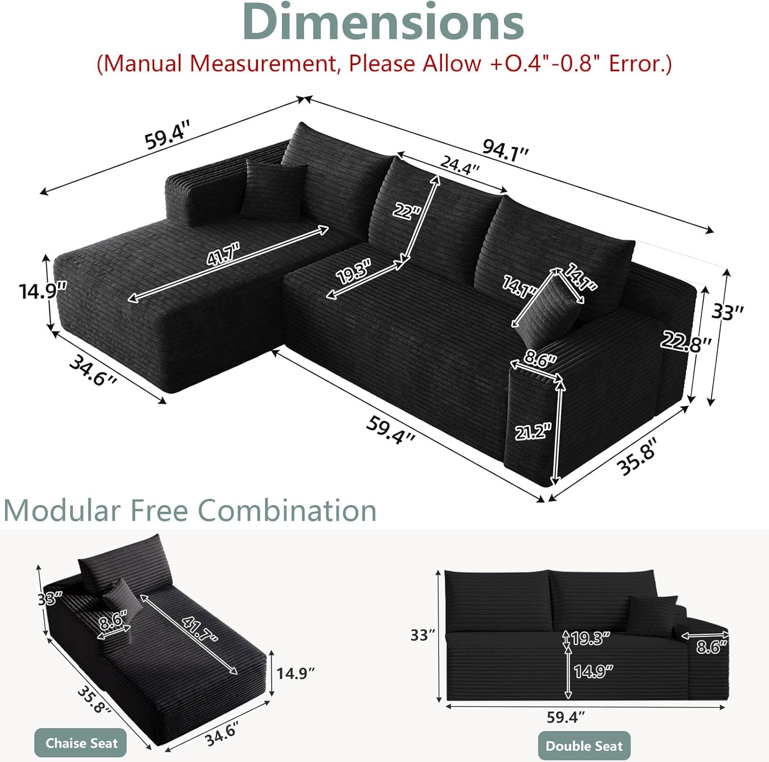 94" Modular Sectional Sofa Couch, Modern Corduroy Cloud Couch, Boneless Couch Upholstered 3-Seater L-Shaped Sofa for Living Room, No Assembly Required (Black,Left-Facing Chaise)