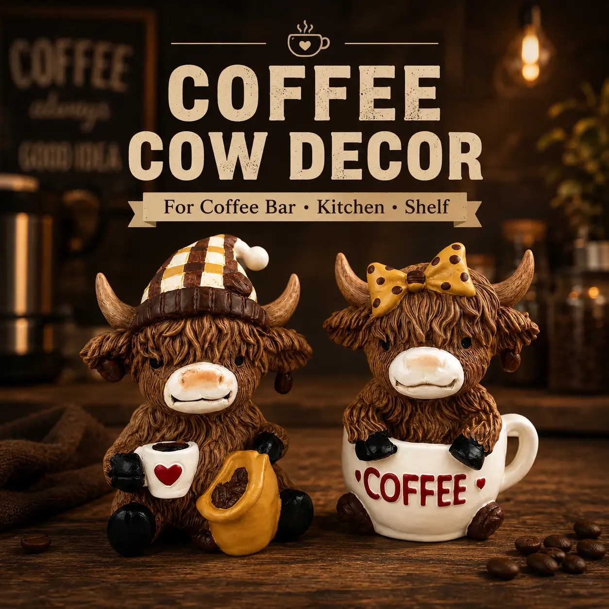 Durable Rustic Coffee-Colored Resin Highland Cow Animal Figurine - Collectible Statue, Home Decor Sculptures, Room Decorations, Desktop Accent, Ideal Gift for Cow Fans