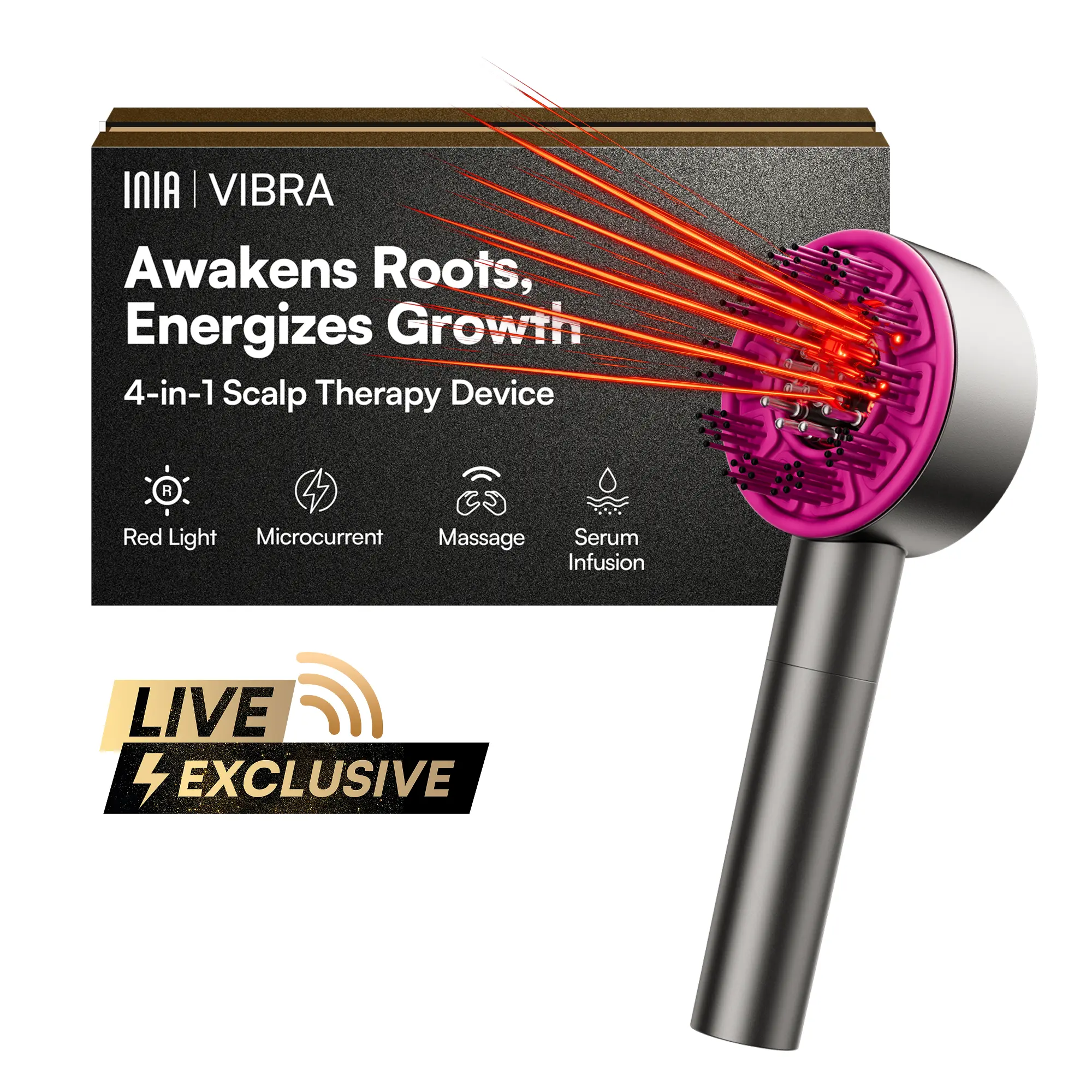 【LIVE EXCLUSIVE】INIA VIBRA 4-in-1 Scalp Therapy Device, Red Light, Microcurrent, Massage, Serum Infusion, Scalp Massager Beauty Device, Waterproof & Wet/Dry Use, Perfect Holiday Gift,Summer Beauty Gift Ideas