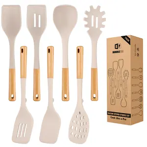 Silicone Kitchen Utensil Set for Non Stick Cookware 7 Pcs Heat Resistant Cooking Tools with Wooden Handle BPA Free Spatulas Spoons Skimmer Pasta Fork Ladle Khaki Pot Grey