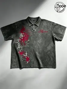 Unisex 100% Cotton Washed Charcoal Oversized Polo Shirt | Red Spider Lily Print + Script Print Dark Japanese Alt Streetwear Top